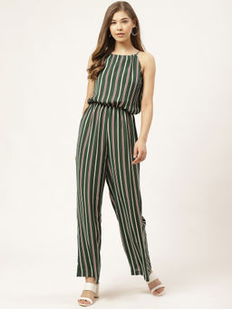 Twenty Dresses by Nykaa Fashion - Olive Green Living On The Lines Striped Jumpsuit