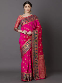 Akhilam - Pink Wedding Silk Blend Floral Print Saree with Unstitched Blouse