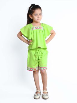 Mini Stitch - Cotton Flared Sleeves Embroidered Co-Ord Set- Neon Green