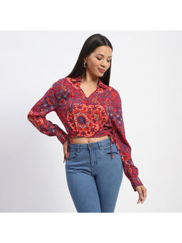 Madame - Printed Wrap Style Multi-Color Crop Shirt