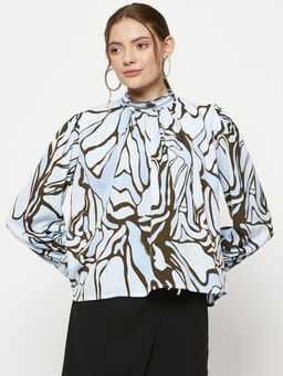Madame - Abstract Butterfly Print Sky Blue Mock Neck Top