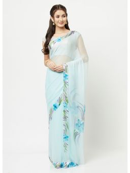 La Vastraa - Hand Painted Floral Design Blue Satin Border Saree With Unstitched Blouse