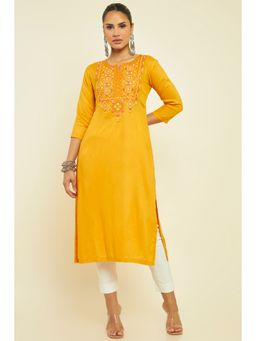 Soch - Women Mustard Rayon Embellished Sequined Kurta