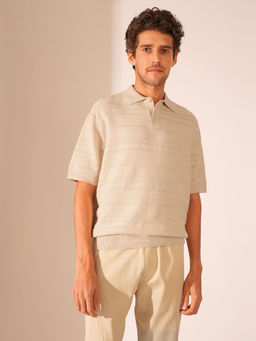 Selected - Men Textured Regular Fit Beige Polo Tshirt