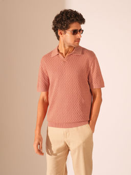 Selected - Men Self Design Regular Fit Pink Polo T-Shirt