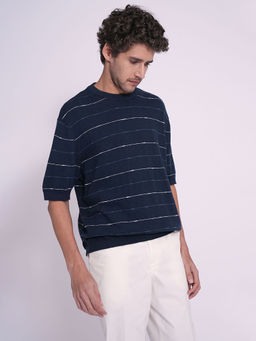 Selected - Men Striped Relaxed Fit Navy Blue Tshirt