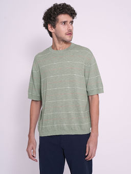Selected - Men Striped Relaxed Fit Green Tshirt