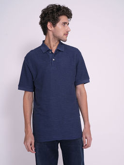 Selected - Men Textured Regular Fit Navy Blue Polo T-Shirt