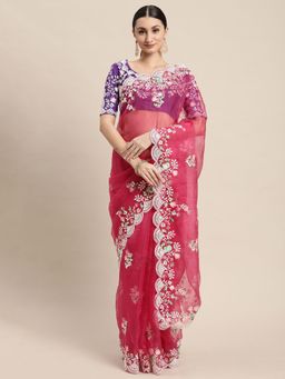 VAIRAGEE - Pink Floral Embroidered Organza Saree with Unstitched Blouse