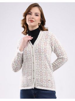Monte Carlo - White Women V Neck Full Sleeve Cardigan
