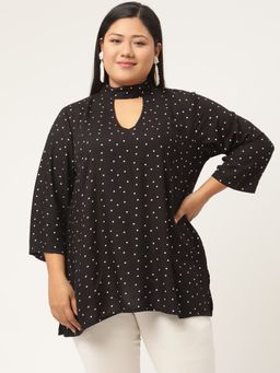 theRebelinme - Plus Size Women Black Polka Dot Printed High Neck Top