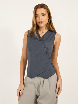 Styli - Women Blue Solid Fitted Regular Sleeveless Waist Coat