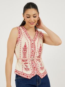 Styli - Women Beige Ethnic Print V-Neck Top