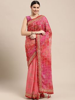 Vastranand - Designer Printed Bandhani Saree Pink with Unstitched Blouse
