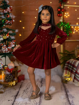 Fairies Forever - Marron Velvet Party Dress With Embellished Pearls Maroon