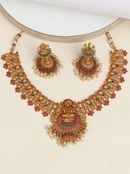 OOMPH - Antique Gold with Red & Green Stone Temple Laxmi Necklace Set with Earrings