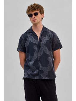 Snitch - Dark Blue Textured Self-Design Half Sleeves Boxy Casual Shirt for Men