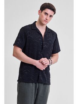 Snitch - Black Self Design Printed Half Sleeves Boxy Casual Shirt for Men