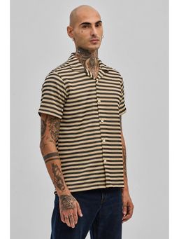 Snitch - Beige Stripes Half Sleeves Boxy Casual Shirt for Men