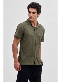 Snitch - Olive Textured Self-Design Half Sleeves Boxy Casual Shirt for Men
