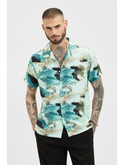 Snitch - Turquoise Printed Half Sleeves Boxy Casual Shirt for Men