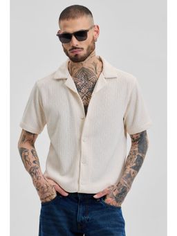 Snitch - Cream Textured Self-Design Half Sleeves Boxy Casual Shirt for Men