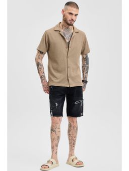 Snitch - Beige Textured Self-Design Half Sleeves Boxy Casual Shirt for Men