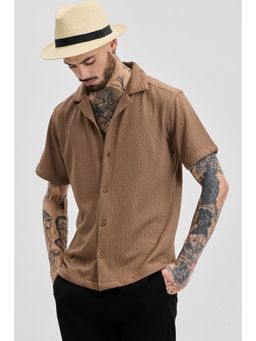 Snitch - Light Brown Textured Self-Design Half Sleeves Boxy Casual Shirt for Men