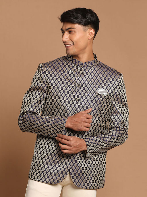 Vastramay Men's Blue Banarasi Jacquard Jodhpuri