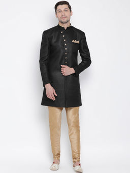 Vastramay - Men's Black Polyester Lurex Blend Sherwani and Churidar (Set of 2)