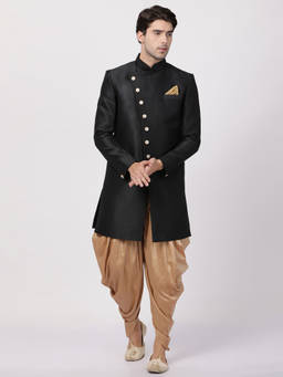 Vastramay - Men's Black Silk Blend Sherwani and Dhoti (Set of 2)
