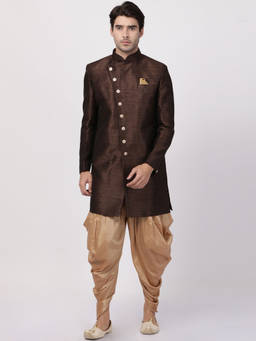 Vastramay - Men's Brown Silk Blend Sherwani and Dhoti (Set of 2)