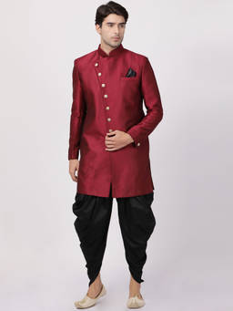 Vastramay - Men's Maroon Silk Blend Sherwani and Dhoti (Set of 2)