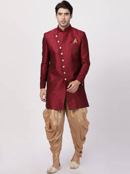 Vastramay - Men's Maroon Silk Blend Sherwani and Dhoti (Set of 2)