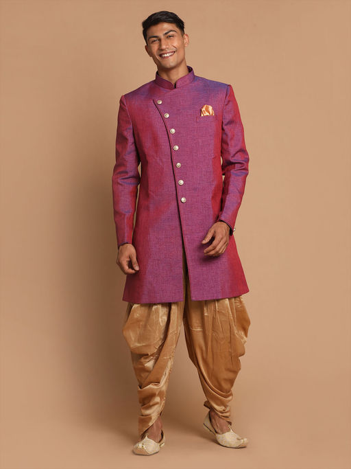 Vastramay Men's Purple And Rose Gold Silk Blend Sherwani and Dhoti (Set of 2)