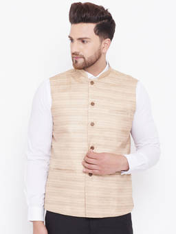 Vastramay - Men's Beige Silk Blend Nehru Jacket