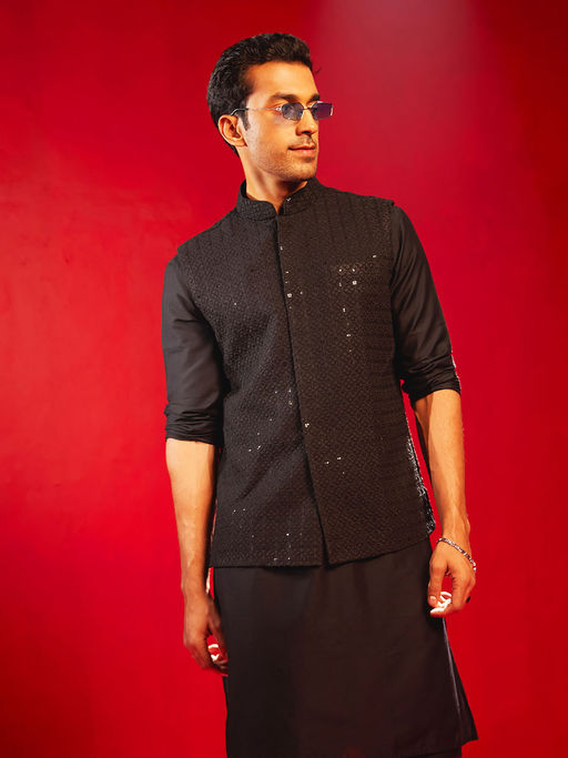 Vastramay Men's Black Rayon Nehru Jacket