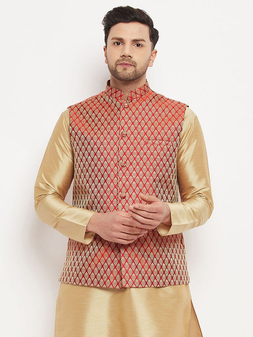 Vastramay Men's Maroon Silk Blend Nehru Jacket