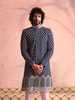 Vastramay - Men's Navy Blue And Pink Georgette Sherwani