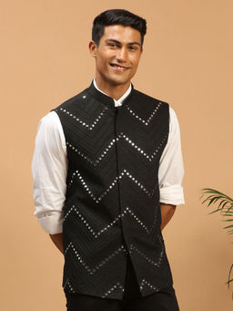 Vastramay - Men's Black Mirror Work Nehru Jacket