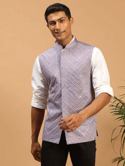 Vastramay - Men's Purple Mirror Work Nehru Jacket