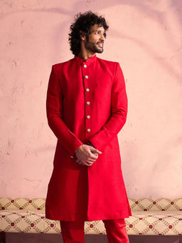 Vastramay - Men's Red Moonga Silk Sherwani