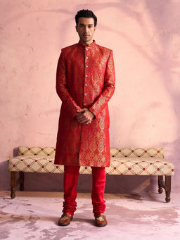Vastramay - Men's Red Silk Blend Sherwani and Churidar (Set of 2)