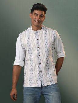 Vastramay - Men's Multicolor Base White Cotton Nehru Jacket