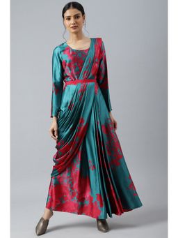 WISHFUL by W - Dark Pink And Gree Satin Predape Saree Dress