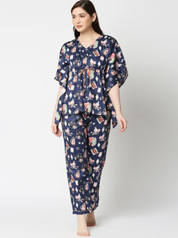 Pyjama Party - Fashionista Womens Cotton Kaftan Pyjama Set - Navy Blue