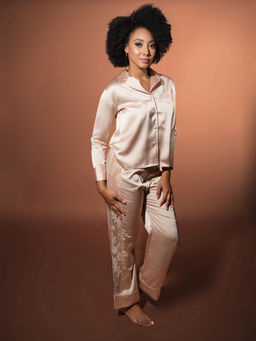 Mysthelle - Nude Satin Shirt and Pyjama (Set of 2)