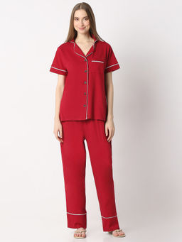 Smarty Pants - Womens Cotton Lycra Red Solid Shirt and Pyjama (Set of 2)