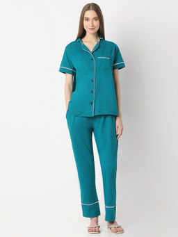 Smarty Pants - Womens Cotton Lycra Teal Solid Shirt and Pyjama (Set of 2)