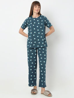 Smarty Pants - Womens Cotton Lycra Teal Yin Yang Print T-shirt and Pyjama (Set of 2)